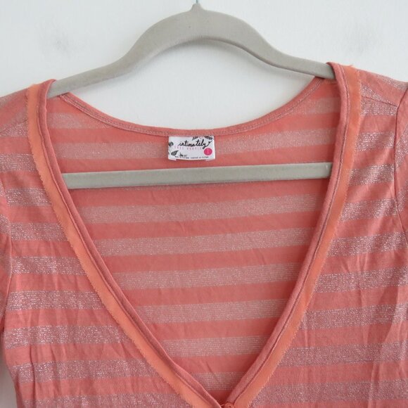 FREE PEOPLE Peach Metallic Striped V-Neck Henley Top - Size S - Picture 8 of 16